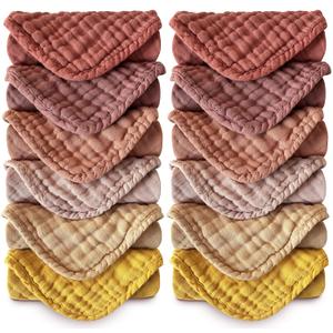 MOON PARK Baby Washcloths, 12 Pack - 12x12 Inches, Small Burp Cloths and Baby Wipes - 100% Cotton Muslin Ultra Soft for Newborn, Infant and Toddlers - Brown, Honey and Bean Paste Series