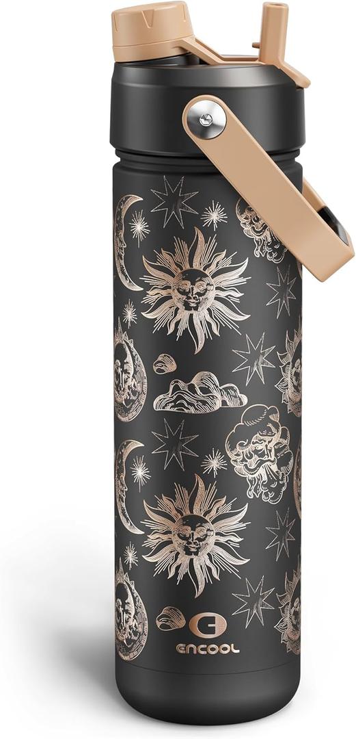 ENCOOL Insulated Water Bottle with Straw Stainless Steel Water Bottle, Leak-Proof, BPA-Free, Double Wall Vacuum Keeps Cold for 24 Hours for Sports, Travel, School (26 oz, Solar Veil)