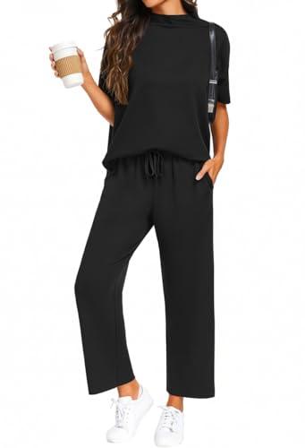 PrinStory Womens 2 Piece Lounge Sets Casual Outfits Pullover Top and Wide Leg Pants Matching Pjs Soft Pajamas Loungewear Black-XL