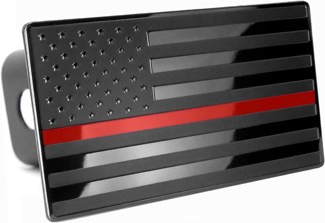USA American Flag Emblem Metal Trailer Hitch Cover (Fits 2" Receivers, Black Flag with Red line)