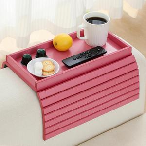 Bamboo Couch Arm Tray TableFoldable Sofa Armrest Tray Table for CouchFlexible and Anti-Slip Couch Arm Cup HolderPortable Sofa Arm Chair Table for Drink,Cups, EatsSnacks, Phone, Remote (Pink)