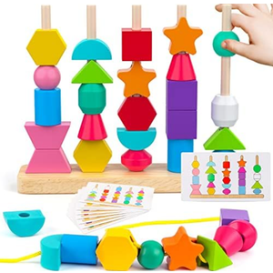Montessori Wooden Beads Sequencing Toy Set, Stacking Blocks & Lacing Beads & Matching Shape Stacker for 2 3 4 5 Year Old STEM Preschool Learning Montessori Toys Gifts for Kids Boy Girl Toddler(Set Of 2)