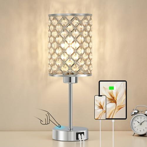 GyroVu Crystal Touch Table Lamp for Bedroom, Silver Desk Lamp with USB-C & USB-A Ports, Dimmable Modern Bedside Lamp for Nightstand, Living Room & Home Office - LED Bulb Included
