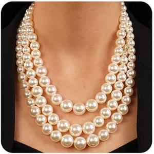 Chargances 3 Layered Beaded Strand Choker Pearl Statement Necklace and Earrings Set Round Ball Chunky Bib Collar for Women Gift Festival Party, White 