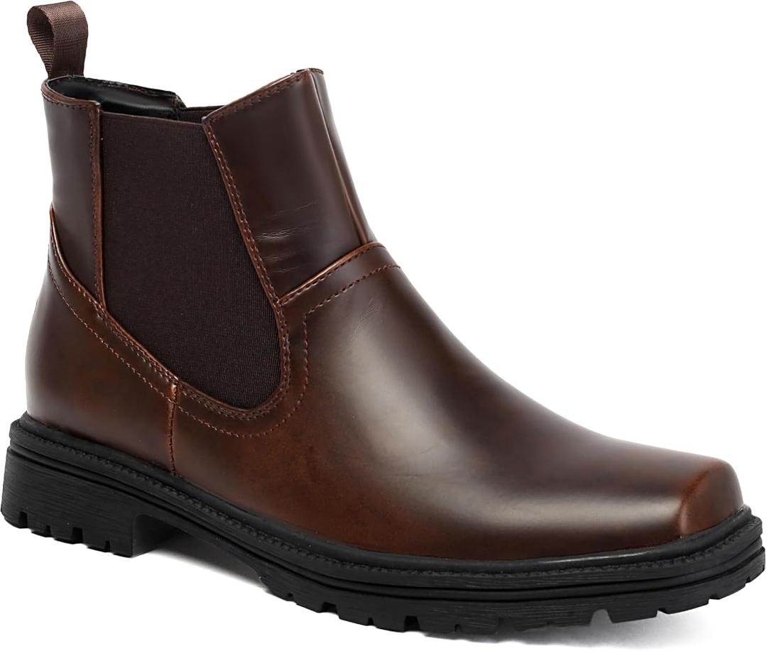 Men's Chelsea Boots Wide, Square Toe Dress Slip-On Ankle Boots (Brown)