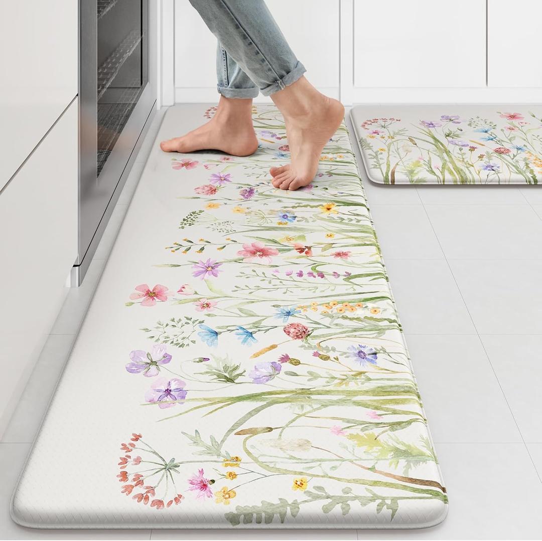 KIMODE Anti Fatigue Kitchen Mat for Floor, Farmhouse Floral Kitchen Rugs Sets of 2, Kitchen Floor Mats Non-Slip, Cushioned Standing Mat for Sink, Laundry, Desk, Home White 17"x47"+17"x29"