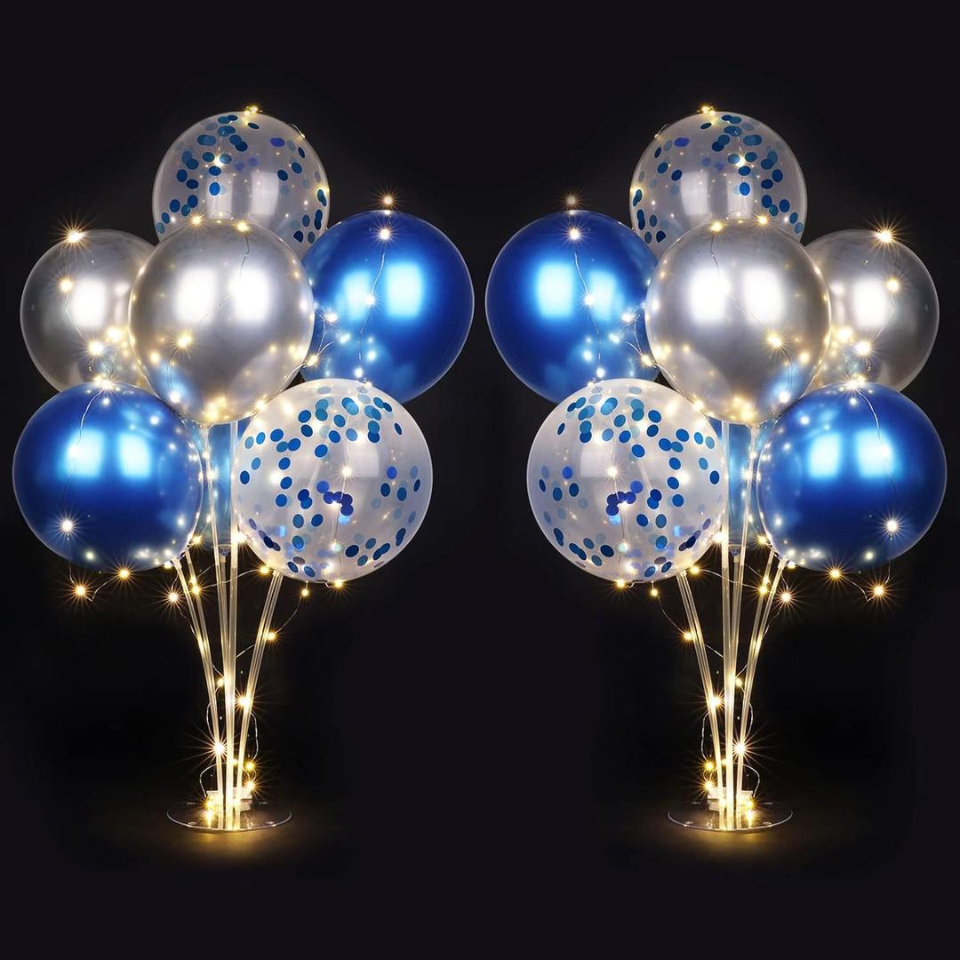 2 Set Table Balloon Stand Kit with Lights, Balloon Centerpieces for Tables Include 16 Latex Confetti Balloons, Christmas Centerpieces Tables Decorations for Birthday, Weddings, Anniversary (Blue+ Silver)