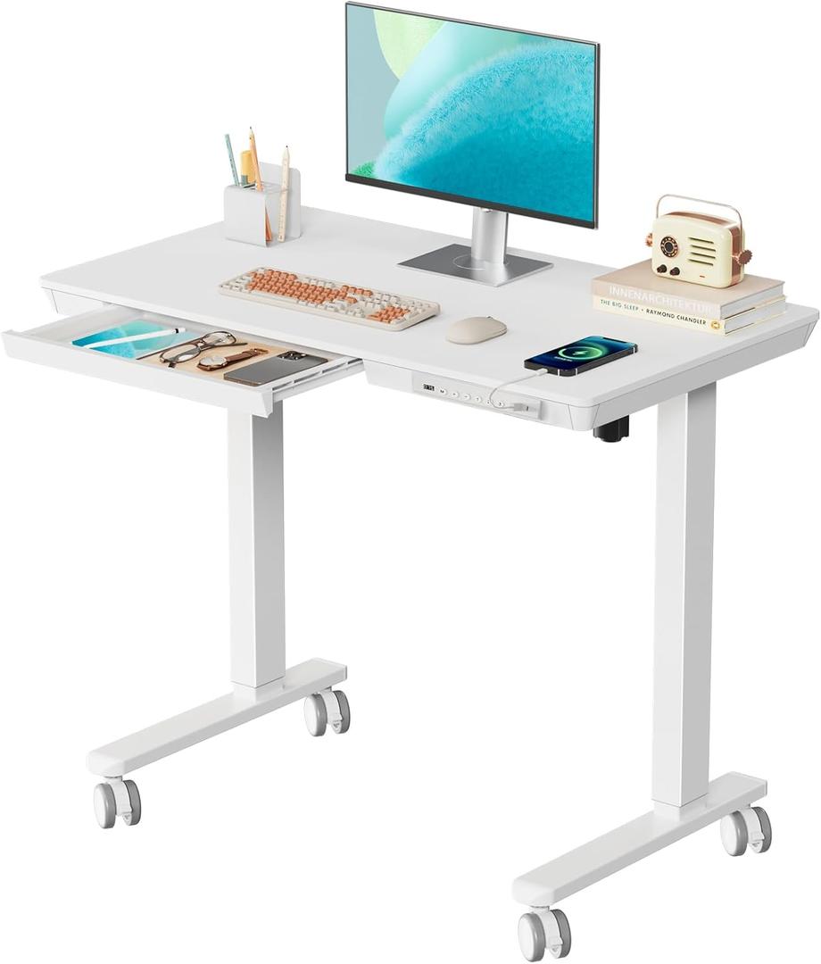 Electric Standing Desk with Drawer, 35" x 20" Whole Piece Tabletop Small Sit Stand Desk, Height Adjustable Desk with Storage & USB Ports, Quick Install Home Office Computer Desk, White