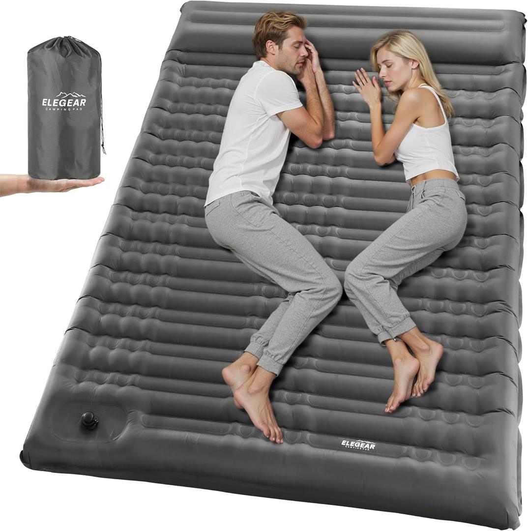 Elegear Double Sleeping Pad for Camping, 4.7" Ultra-Thick Self Inflating Camping Pad 2 Person with Pillow Built-in Foot Pump Camping Sleeping Mat for Backpacking, Hiking, Portable Camping Pad (Full, Grey)