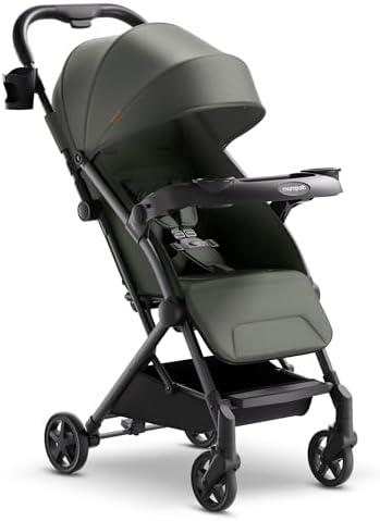 Mompush Lithe V2 Lightweight Stroller with Snack Tray, Ultra-Compact Fold & Airplane Ready Travel Stroller, Near Flat Recline Seat, Cup Holder, Raincover & Travelbag Included
