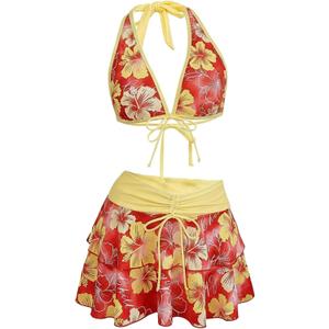 Floerns Women's 3 Piece Bikini Sets Boho Floral Print Halter Swimsuit Layered Ruffle Bathing Suit (M)