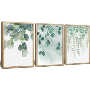 Botnical Canvas Wall Art, Boho Plant Wall Decor Pictures Posters for Bedroom, Minimalist Floral Artwork Prints for Living Room, Sage Green Leaf Painting for Bathroom Office Decorations 12"x16"x3 Pcs (12"x16" x 3 Natural Wood Framed, Minimalist Artwork - D)