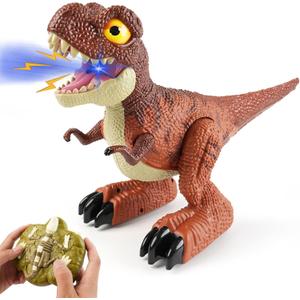 Remote Control Dinosaur Toy for Kids, Best Birthday Gift for Boys 3-12 Years Old, Realistic RC Walking Dinosaur with Light, Sound, Spray and 2.4GHz Remote Control, Brown Remote Control Dinosaur