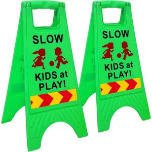 Slow Kids at Play Sign, Children at Play Safety Signs with Double-Sided Text and Graphics with Reflective Tape for Street Neighborhoods Schools Park Sidewalk Driveway Green 2Pack