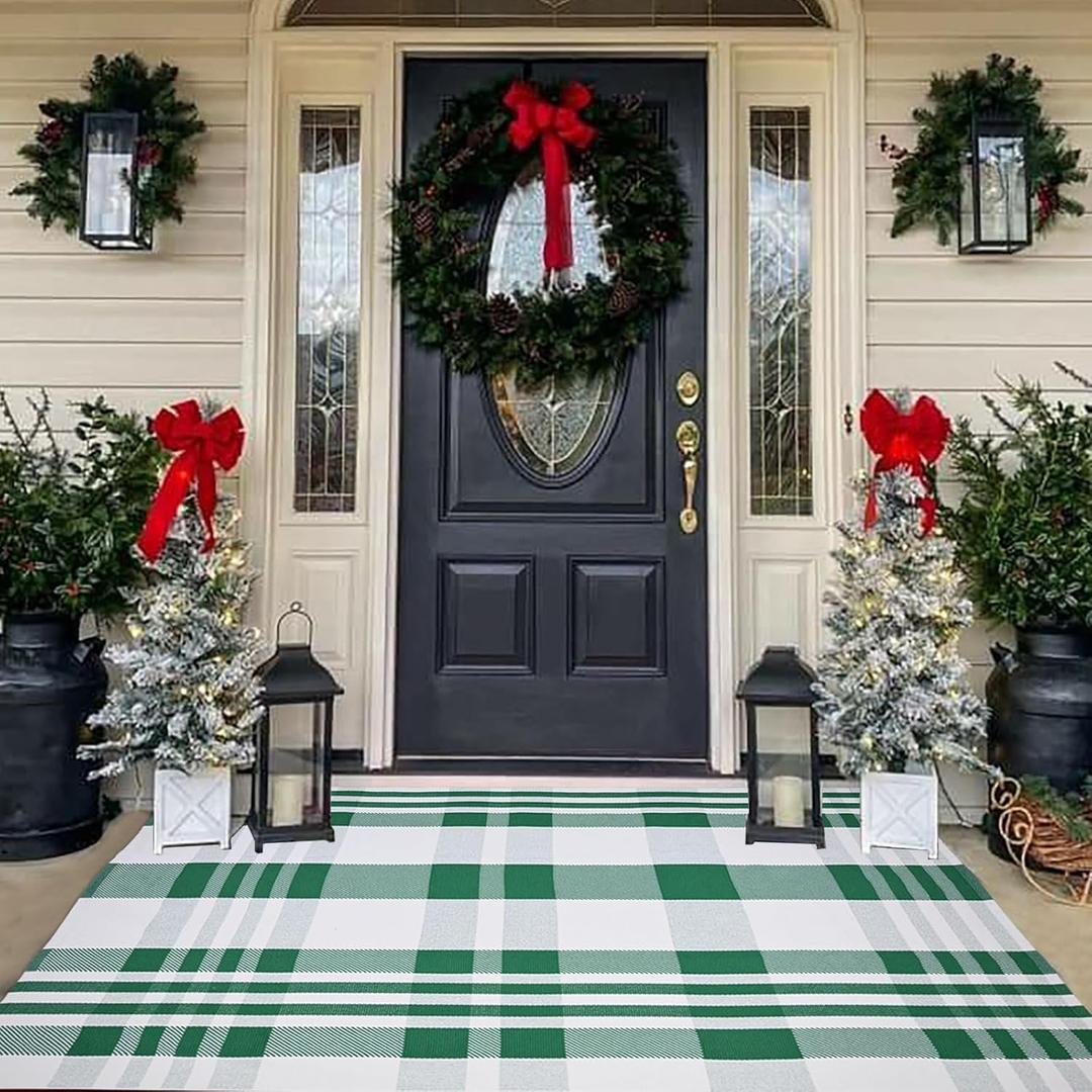 Easter Door Mat 4' x 6' Green and White Plaid Rug Spring Decor Rug Cotton Hand-Woven Layered Door Mats Washable Carpet for St. Patrick's Day Front Porch, Kitchen, Farmhouse, Entryway
