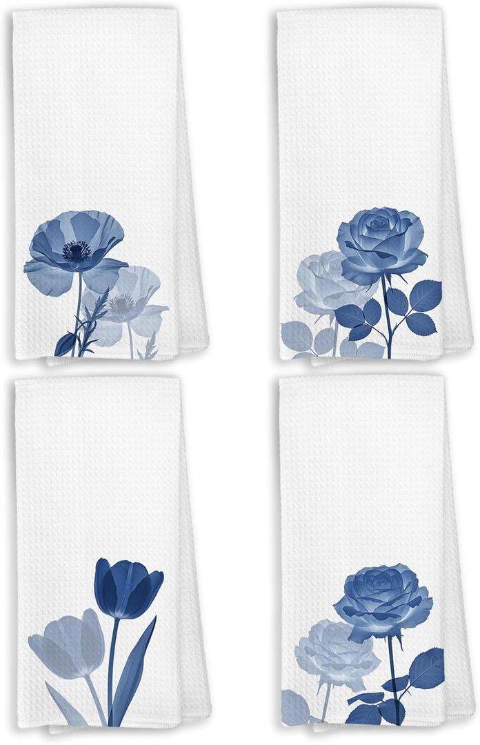 Navy Blue Kitchen Hand Towels, Cottagecore Floral Dish Towels for Kitchen, Blue Tulip Poppy Rose Flower Hand Towel Decorative Set, Cottagecore Flower Bathroom Decor