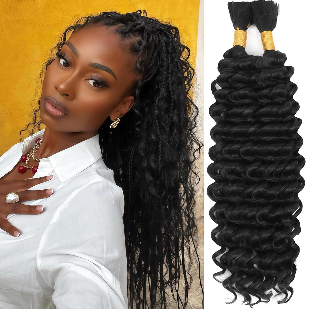 Human Braiding Hair Mix Synthetic Boho Hair for Braiding, 20 Inch Deep Wave Bulk for Boho Braids 2 Pcs Curly Bohemian Wet and Wavy Braiding Hair(1B, 20 Inch-2pcs)