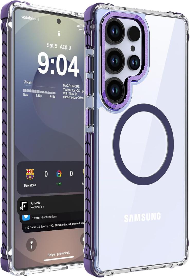 DEERLAMN Strong Magnetic Case for Samsung Galaxy S25 Ultra 6.9-Inch,[Compatible with Magsafe][Military Grade Drop Protection] Clear Slim Shockproof Protective Phone Cover, Transparent+Purple