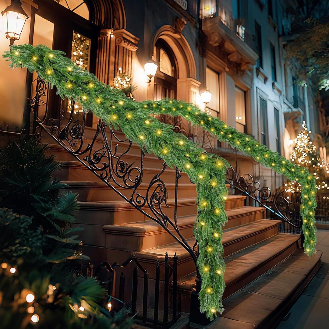 2-Pack Norfolk Pine Garland with Lights 6Ft, Artificial Christmas Garland for Stairs, Mantle, Wall, Table, Indoor and Outdoor Holiday Decor