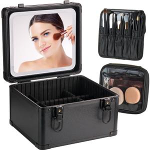 Makeup Case with Lighted Mirror, Travel Makeup Bag Organizer with 3CCT LED Mirror, Cosmetic Bag for Women with Adjustable Divider, Makeup Storage Box with Lock, Waterproof Travel Train Case