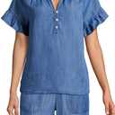 Womens Short Sleeve Ruffle Blouse V Neckline Ruffled Collar Shirt Casual Blue Top (Blue, L)