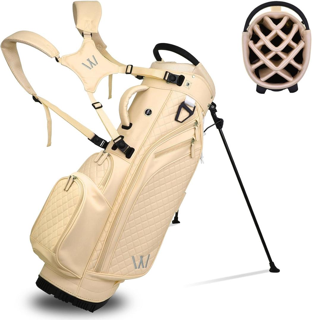 Luxury Womens Golf Bag, PU Leather Golf Stand Bag for Women/Ladies, 14-Way Full-Length Top Dividers, Ultra Lightweight, Large Pockets for Accessories (Sandstone)
