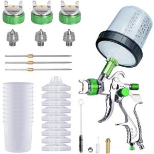 HVLP Paint Sprayer with 10pcs 600ML Mixing Quick Cup,Spray Paint Gun Set Contain 3 Nozzles 1.4/1.7/2mm &Pressure Gauge,Sprayer Gun for Car Painting,Furniture Surface Spraying (Green-Spray Gun Kit)
