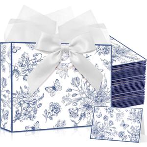 Maitys 12 Pack 13" Large Blue Floral Gift Bags Bulk with Handle, Tissue Papers, Ribbons and Greeting Cards Peony Flower Paper Bag for Mothers Day Wedding Bridesmaid Bridal Shower Birthday Party Favors