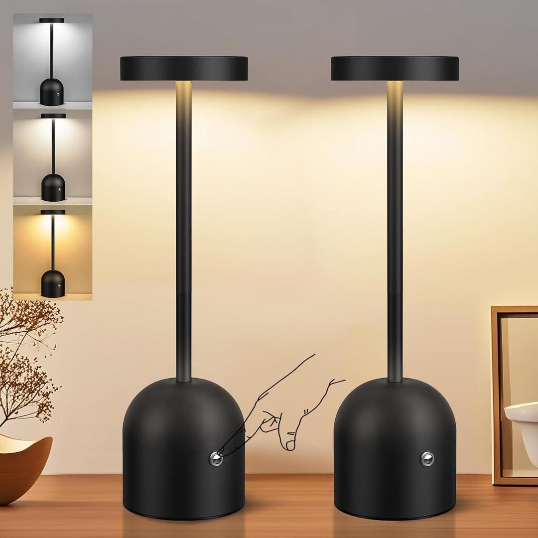 2 Pack Cordless Table Lamps, 5000mAh Rechargeable Battery Operated Outdoor Lamp, 3 Color Stepless Dimming LED Desk Table Light for Dining, Bedroom, Patio, Restaurant, Bar, Cafe(Black)