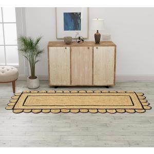 GRUHUM Jute Area Rug 2'6"x10' ft Scalloped Runner Natural Base Black Trim Handwoven Boho Reversible Soft Braided Farmhouse Jute Runner Rug Indoor Friendly Livingroom Bedroom Kitchen Hallway Enterway