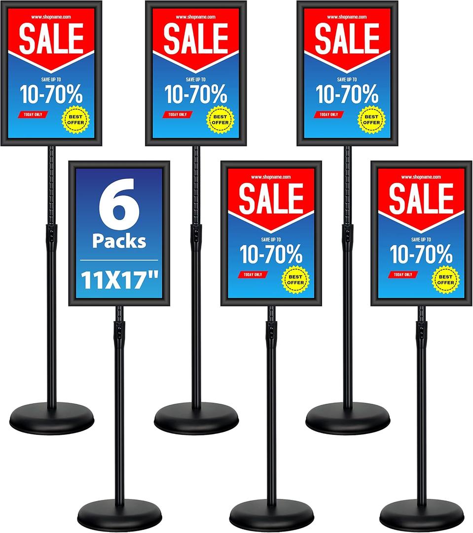 6Packs 11x17 Inch Adjustable Pedestal Poster Sign Stand, Heavy Duty Floor Standing Sign Holder Stand Aluminum Snap Open Frame for Vertical and Horizontal View Sign Displayed(Black)