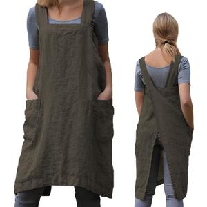 ZQFFB Pinafore Cross Back Apron for Women with Pockets Japanese Smock for Work Gardening Cooking Painting Baking (Large, Green)