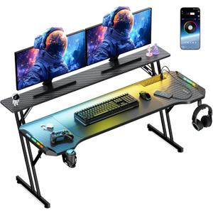 63 Inch Smart Gaming Desk, Gamer Computer Desk with Phone-Controlled LED Lights & Mouse Pad, Power Outlet, Monitor Stand, Side Hook, Ergonomic Work Desks for Home Office, Carbon Fiber Black