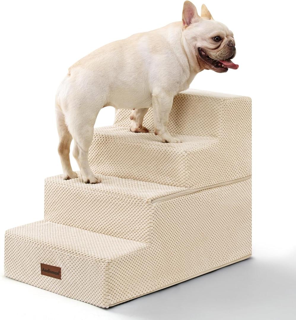 Aodisman Dog Stairs for Bed 18.5" H, 4-Step Dog Steps for Small Dogs and Cats, Indoor Non-Slip Balanced Pet Stairs are Suitable for Puppy, Older Cat,Beige