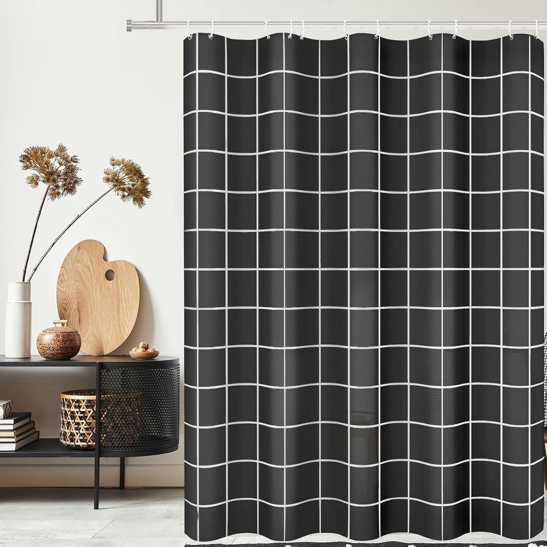 Tititex Net Black Grid Plaid Minimalist Shower Curtain, White Line Simple Modern Shower Curtain Sets Decoration 71x71 Inch with Hooks