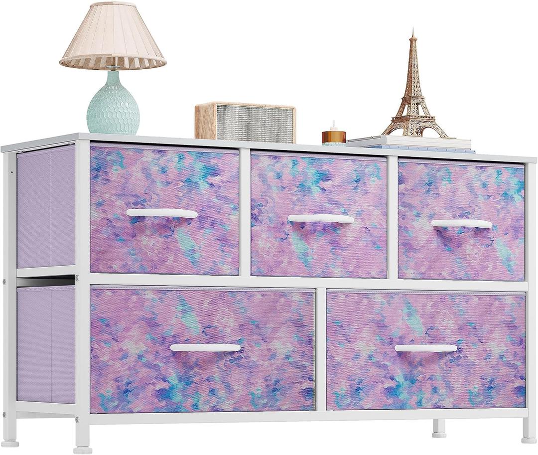 YITAHOME Wide Storage Tower with 5 Drawers - Fabric Dresser, Organizer Unit for Bedroom, Living Room, Closets - Sturdy Steel Frame, Easy Pull Fabric Bins & Wooden Top, 11.8"D x 39.4"W x 21.5"H