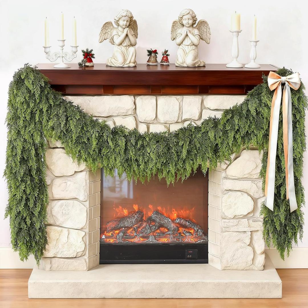 5FT Cedar Garland for Fireplace - Artificial Christmas Garland Thick and Lush Realistic Faux Cedar Fake Pine Needles Garland for Table,Window,Stairs,Mante,Indoor Outdoor Decor (2PCS)