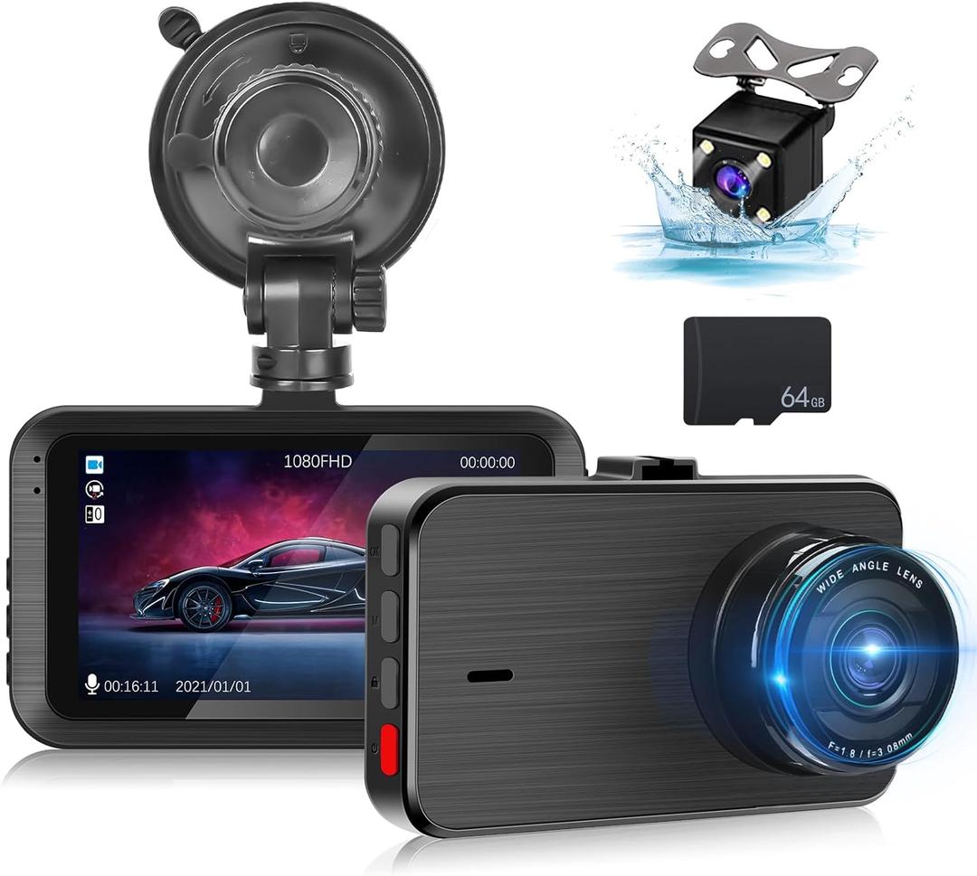 Dash Cam Front and Rear - 3 inch IPS Screen 1080P Full HD DVR Dash Camera for Cars with 64G SD Card - 150Wide Angle Car Dashboard Cam - Night Vision, G-Sensor, Parking Monitor