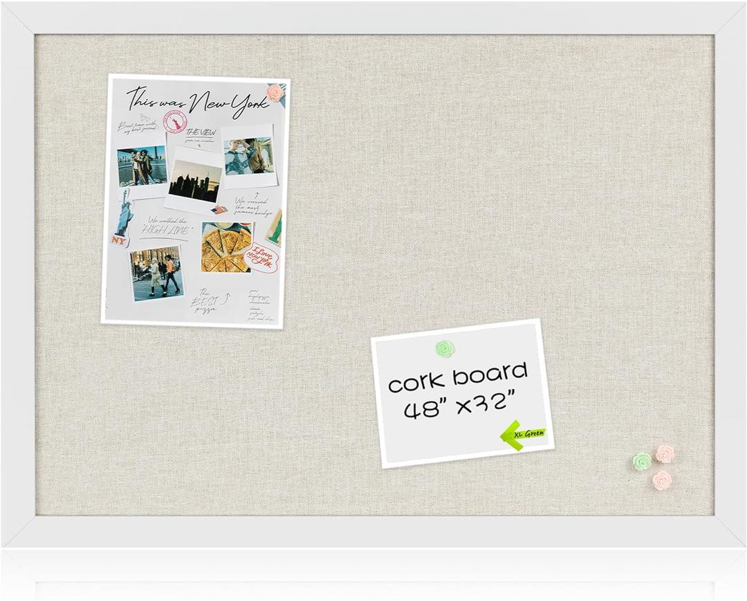 Farmhouse Linen Cork Bulletin Board 48 x 32, White Wood Framed 4 x 3 Corkboard, Office Board for Wall Decor, Large Pin Board Picture Board with 20 Pushpins for School, Home & Office