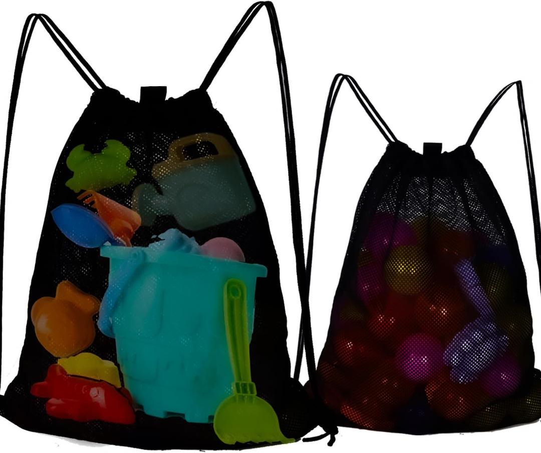 MUYIZI Mesh Beach Bag for Kids and Adults 2 Pack, Mesh Drawstring Backpack - Quick Dry Sand Free Beach Toy Bags Portable Sand Toy Bag Swimming Pool Accessories, Bags Only (Black)