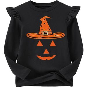 Niyage Girls Cotton Long Sleeve T-Shirt Toddler Comfort Soft Thick Basic Crewneck Tee Tops with Ruffles Trim (6 Years, Pumpkin Hat Black)