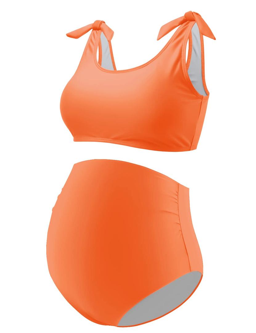 GINKANA Maternity Bikini Set Two Pieces Pregnancy Bathing Suits Shoulder Straps High Waisted Summer Swimwear,Orange,S (Orange, S)