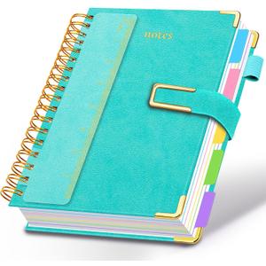 Hardcover Spiral Notebook College Ruled, 6.2"x 8.2" Leather Journal Notebook with Magnetic Closure, 300 Pages 5 Subject Notebook with Dividers Tabs Journal for Women Men, Work, School(Blue)
