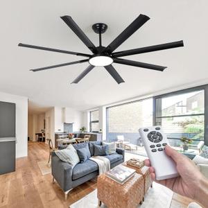 74 inch Ceiling Fans with Light, Large Ceiling Fan with Light-8 Aluminum Blades Reversible Quiet DC Motor, Living Room Ceiling Fan 3 Colors Light and 6 Speeds Wind (Black)