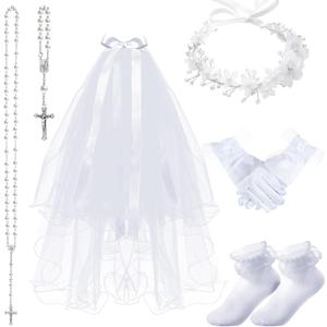 Funtery 6 Pcs First Communion Veils Girls Catholic Set 1st Communion Wreath Veil Headpiece Sock Necklace Bracelet Kid Wedding