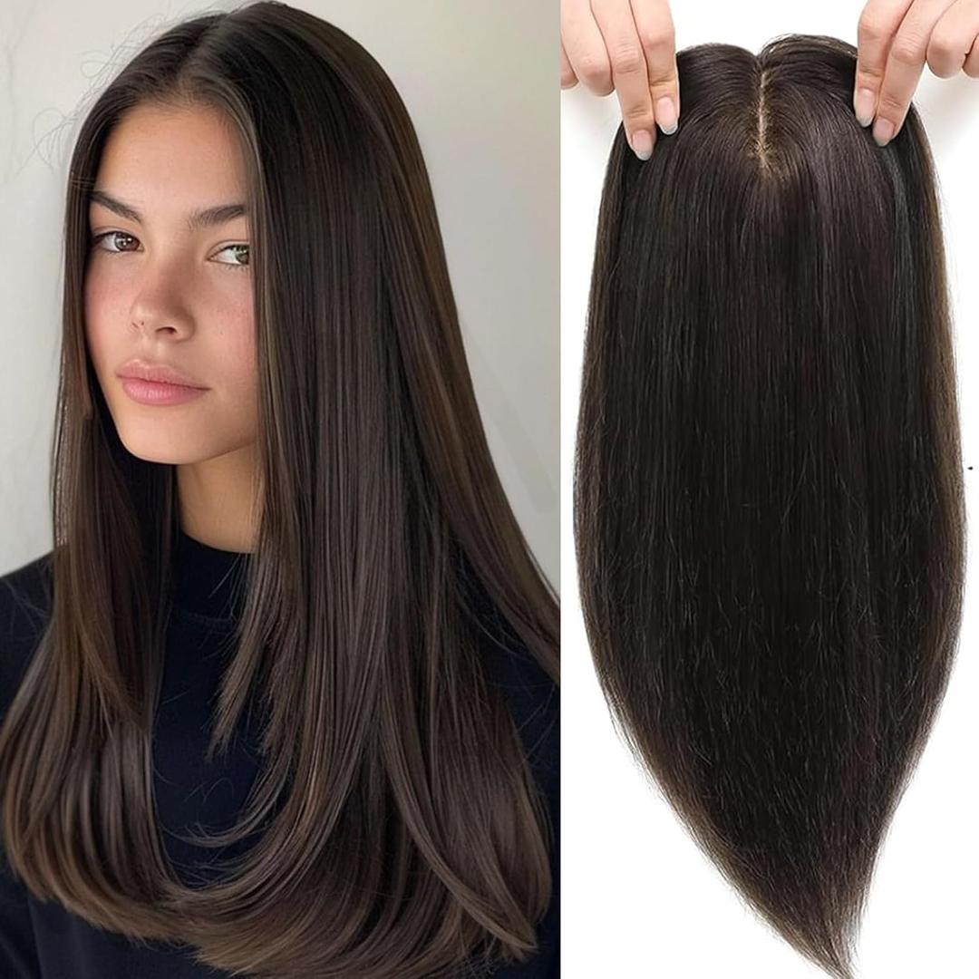 Hair Toppers for Women Real Human Hair Remy Human Hair Topper 8x7.5inch Skin Scalp Hair Pieces for Women Real Human Hair Topper Human Hair Toppers for Women No Bangs 15inch (Dark Brown)