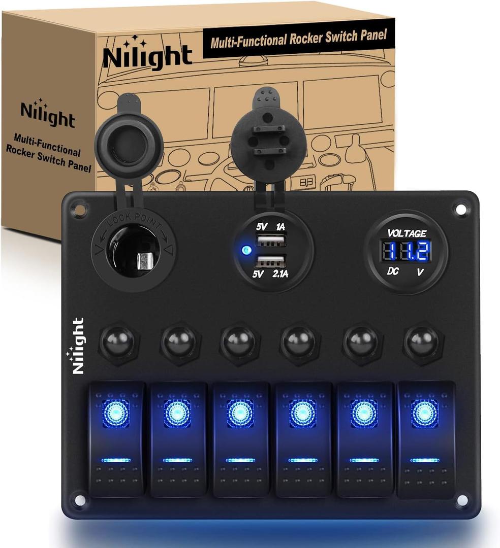 Nilight 6 Gang ON Off Rocker Switch Panel 12V Voltmeter Dual USB Charger Cigarette Lighter Socket For RV Truck Boat  (Blue)