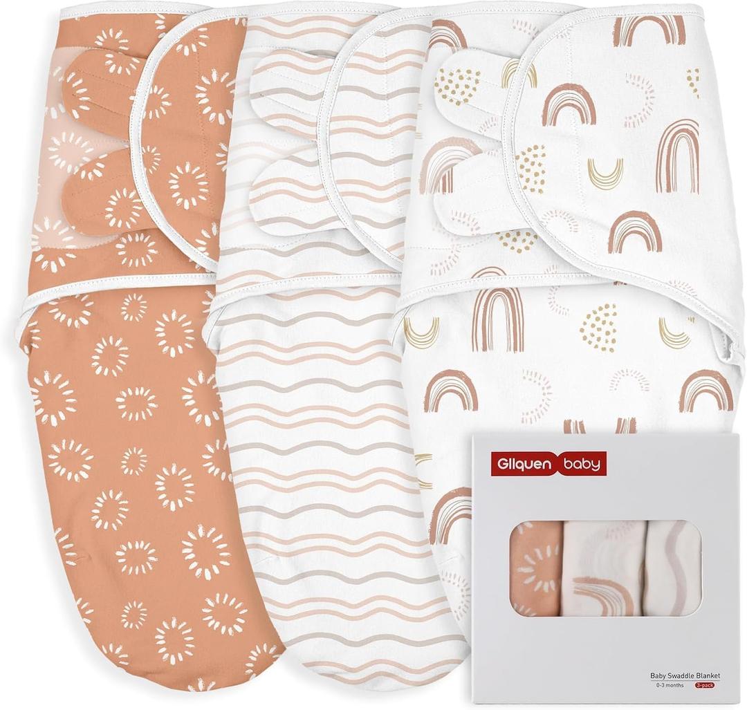 GLLQUEN BABY Swaddles for Newborn - 3 Pack Swaddle 0-3 Months, for Newborn Baby Boys and Girls, Soft Swaddle Blanket Wrap, Easy Change, Rainbow & Wave
