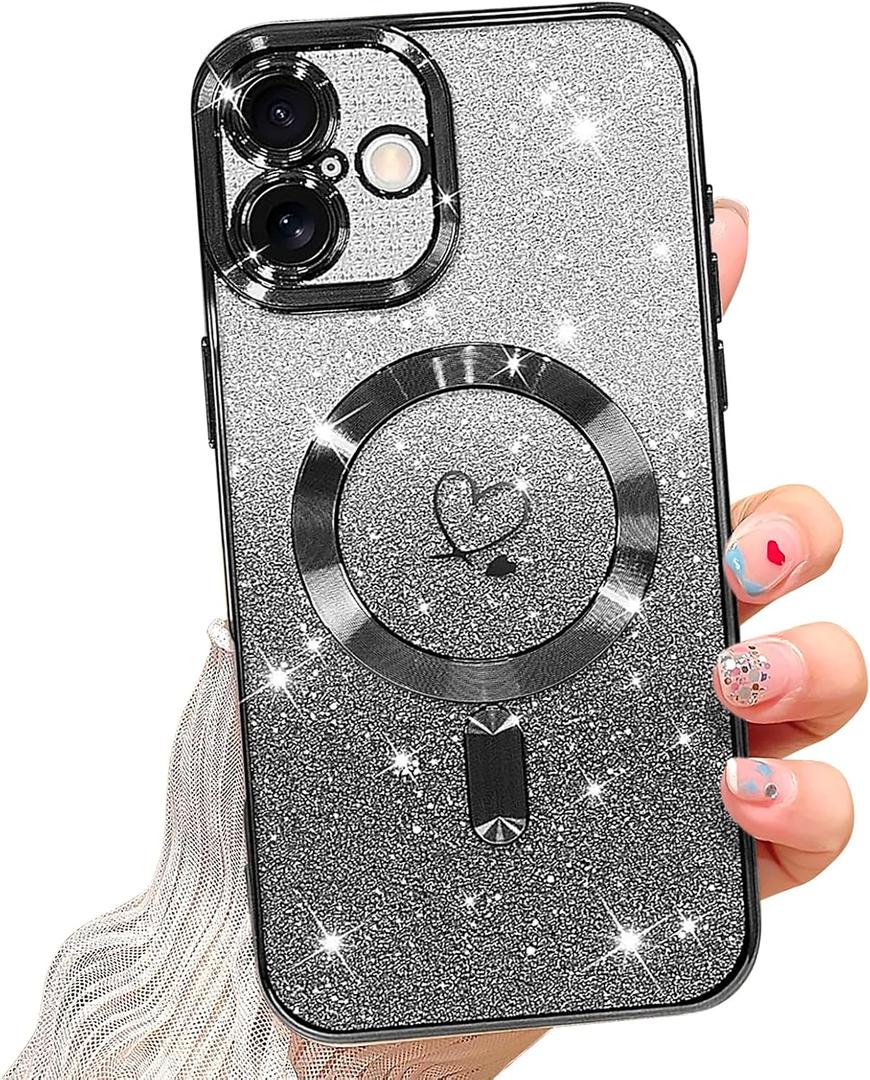 NITITOP Compatible with iPhone 16 Plus Case Cute Clear Glitter [Compatible for MagSafe] Plating Heart Sparkle Bling Magnetic Girl Women Electroplated Frame Camera Protection Back Cover - Black
