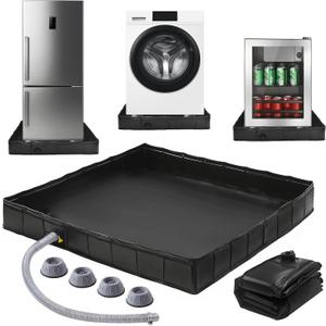 Foldable Washing Machine Drain Pan with Drain Pipe & 4 Anti-Vibration Pads, 31.5x31.5x4.7 Inch Portable Leak Proof Tray for Washer/Dryer, Non-Slip Waterproof Drip Pan with Raised Edge